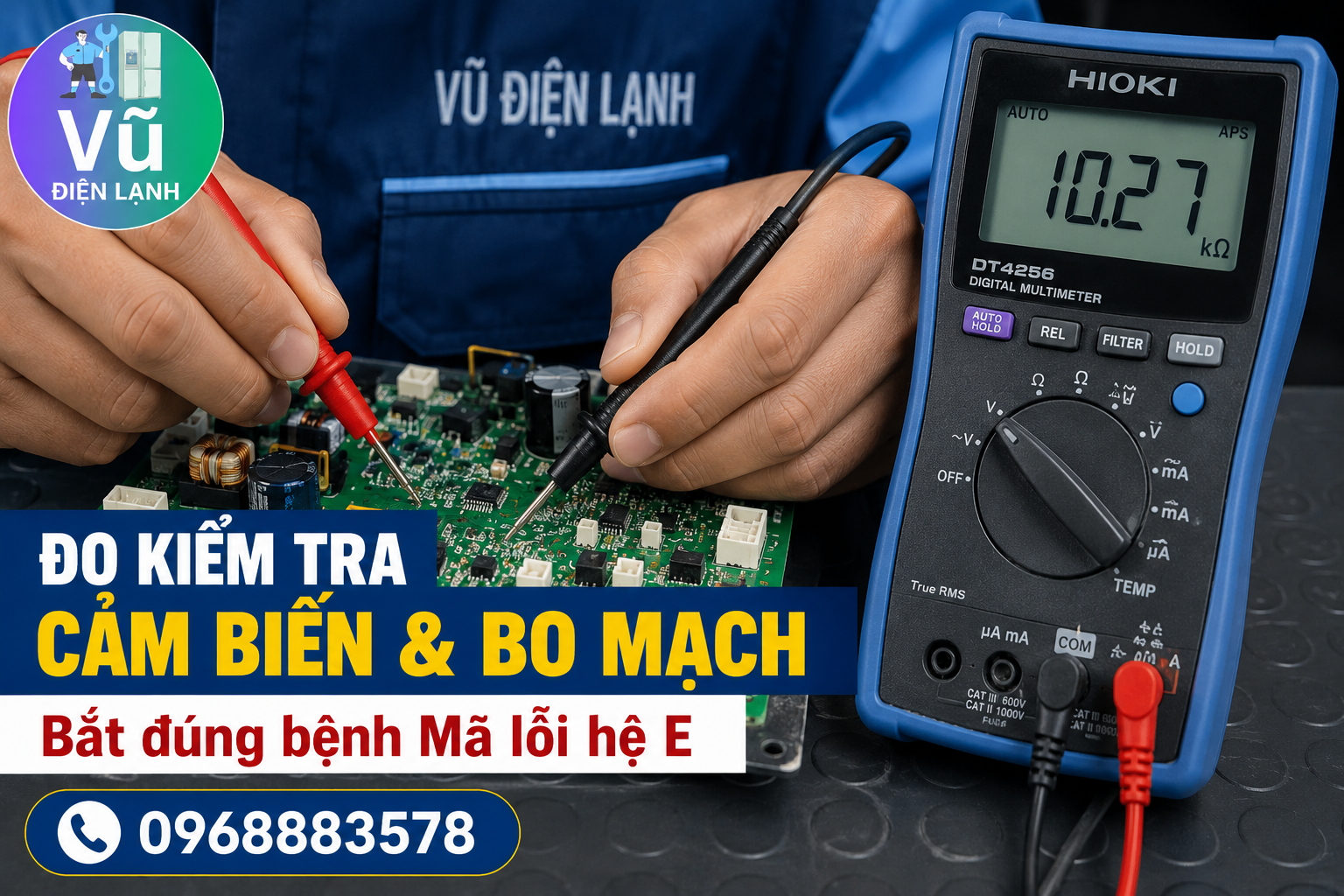 Kỹ thuật viên sử dụng đồng hồ VOM chuyên dụng để đo kiểm tra điện trở cảm biến và bo mạch biến tần khi tủ lạnh Mitsubishi báo mã lỗi hệ E.