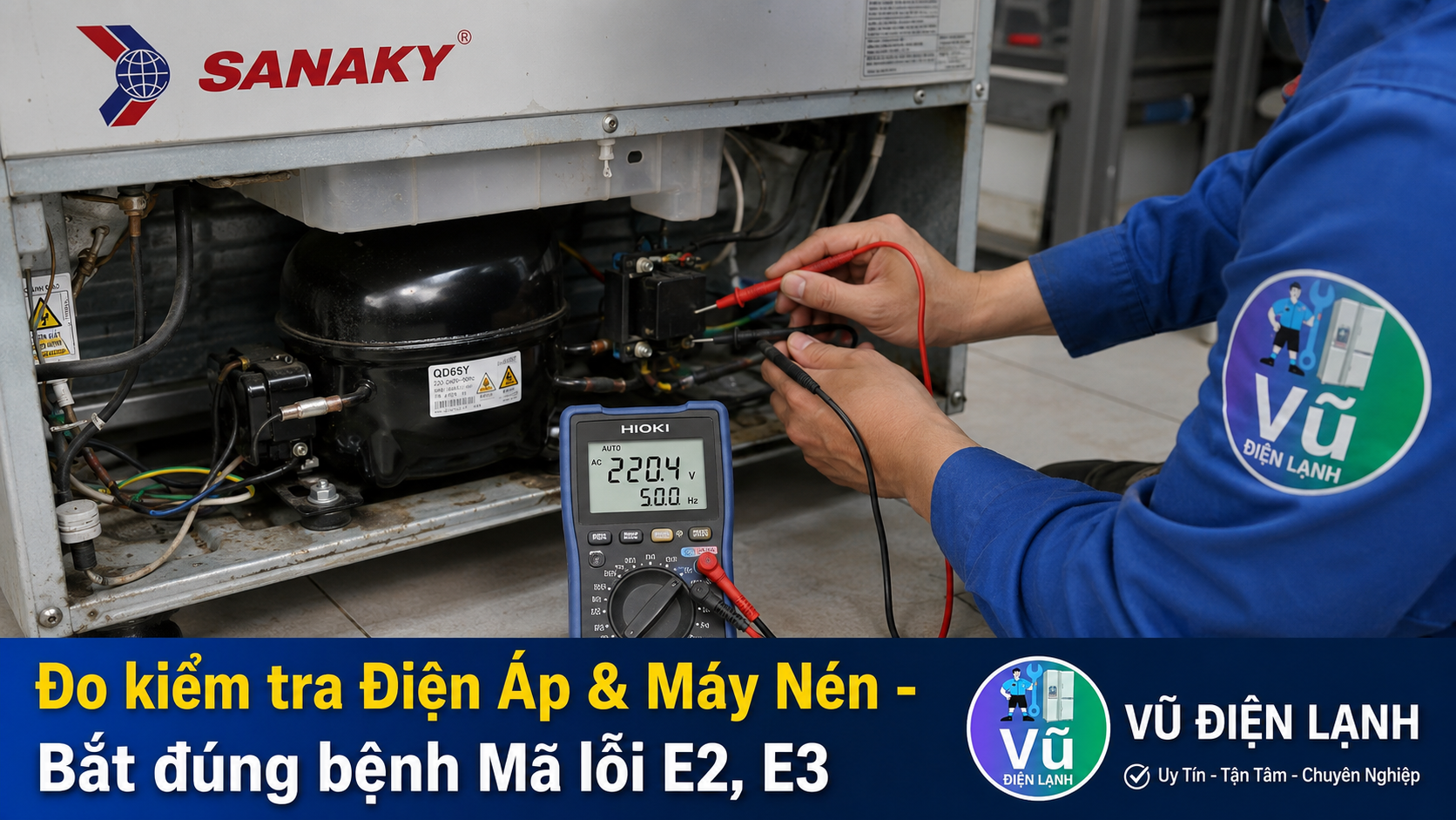 Kỹ thuật viên sử dụng đồng hồ đo điện chuyên dụng để chẩn đoán chính xác nguyên nhân tủ lạnh Sanaky báo mã lỗi E2 và E3 do sụt áp.