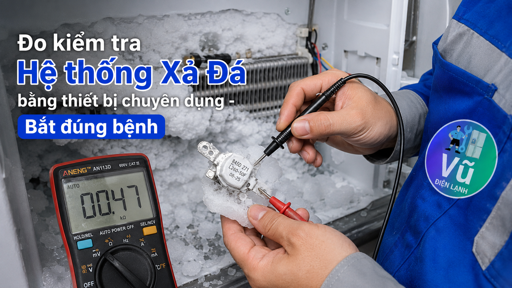 Kỹ thuật viên sử dụng đồng hồ VOM chuyên dụng để đo kiểm tra rơ-le xả đá, sò lạnh và cầu chì nhiệt khi tủ lạnh bị đóng băng.