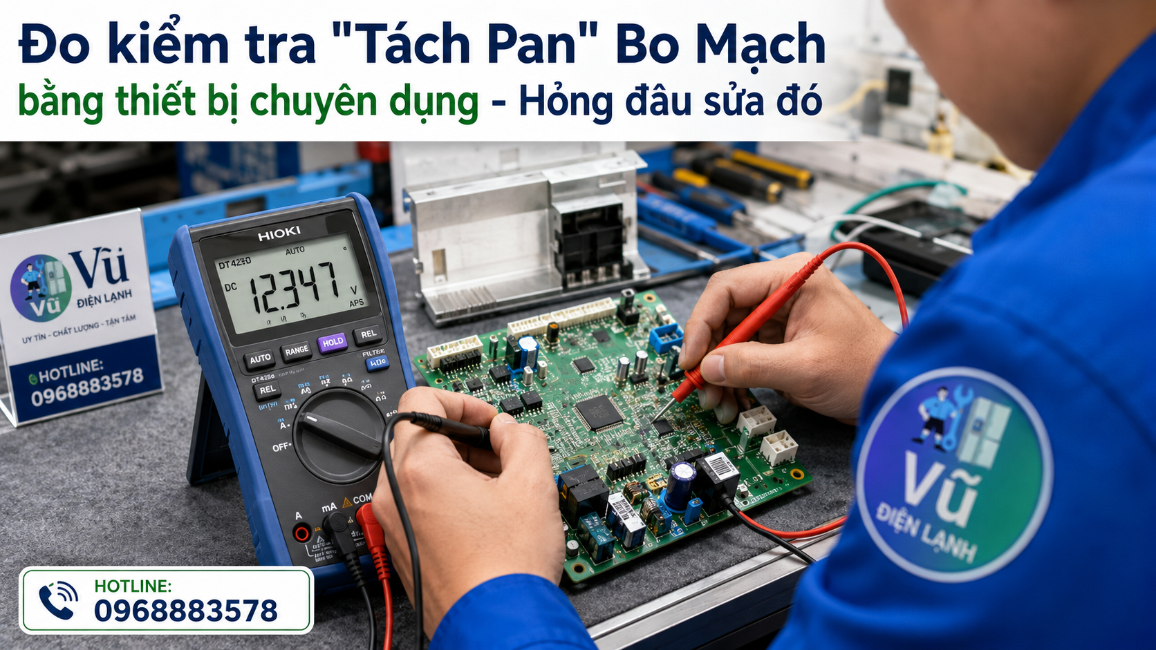 Thợ điện lạnh chuyên nghiệp sử dụng đồng hồ VOM để đo kiểm tra IC công suất trên bo nguồn tủ lạnh Inverter nhằm xác định chính xác linh kiện hỏng.