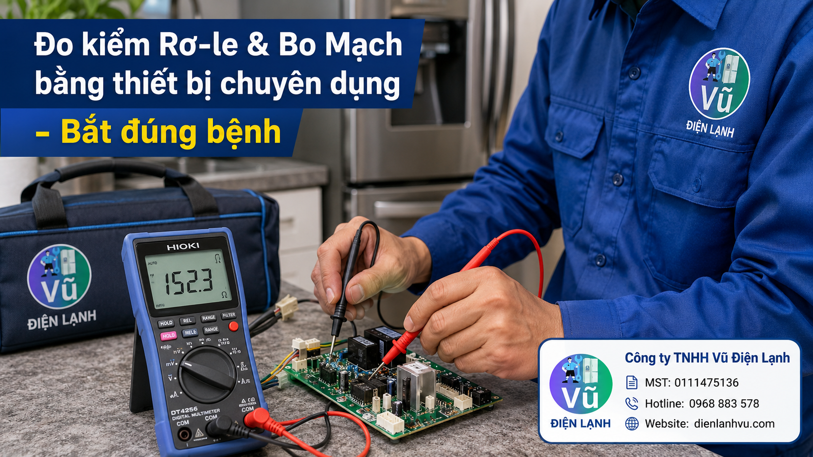 Kỹ thuật viên sử dụng đồng hồ VOM chuyên dụng để đo kiểm tra rơ-le khởi động và bo mạch tủ lạnh bị mất nguồn.