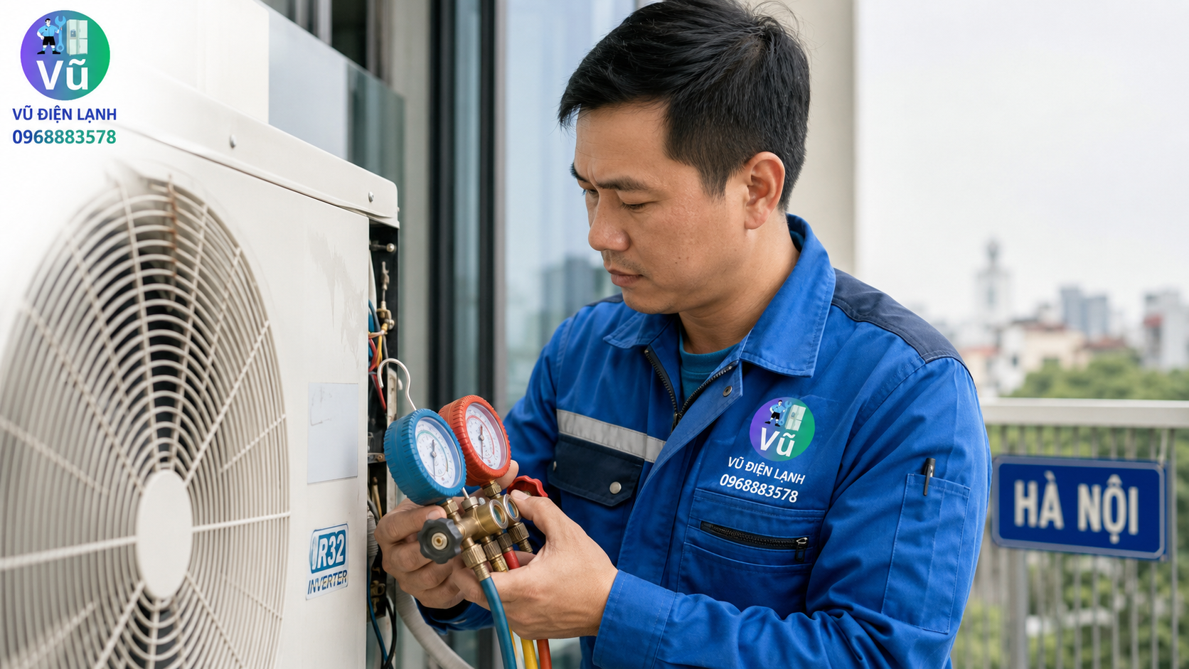 Giám đốc kỹ thuật Nguyễn Thế Đạt của Vũ Điện Lạnh đang dùng đồng hồ đo áp suất gas kiểm tra lỗi điều hòa không mát.