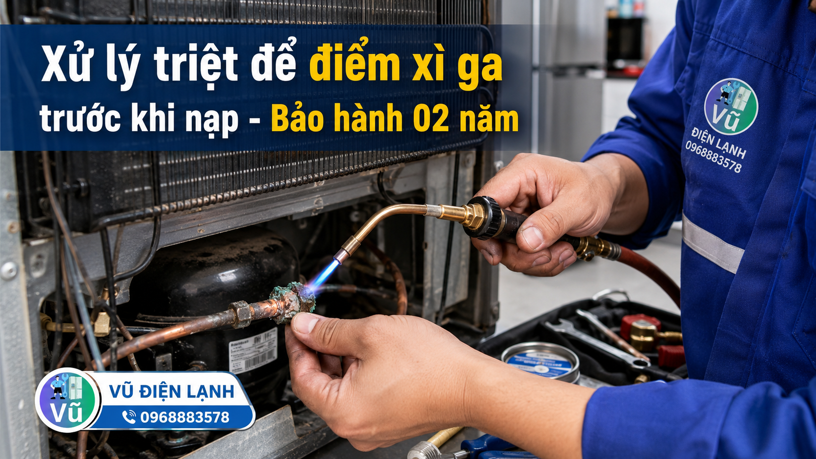 Kỹ thuật viên tiến hành hàn kín điểm rò rỉ ống đồng (xì ga) phía sau tủ lạnh trước khi tiến hành nạp gas mới.
