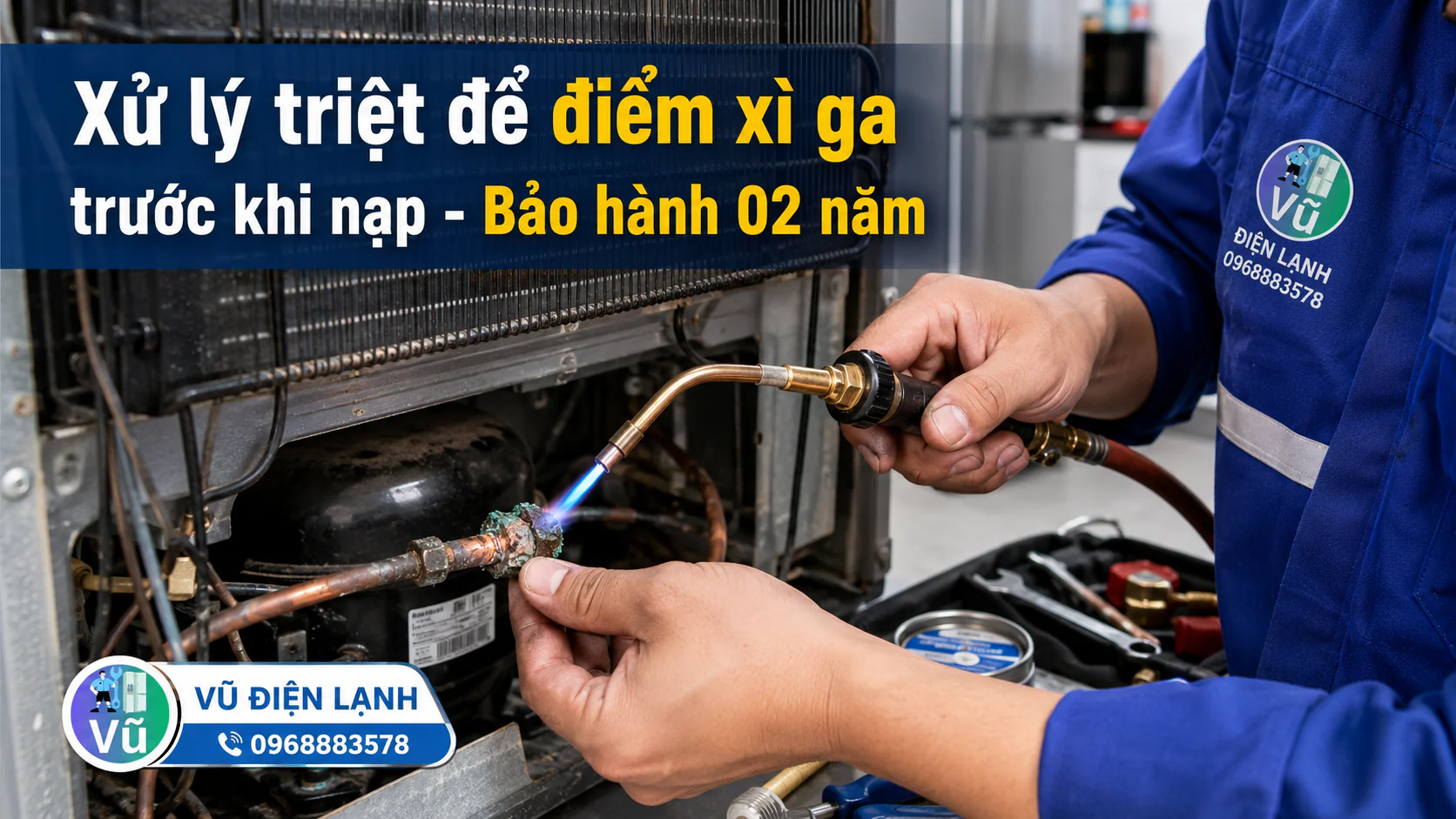 Kỹ thuật viên tiến hành hàn kín điểm rò rỉ ống đồng (xì ga) phía sau tủ lạnh trước khi tiến hành nạp gas mới.