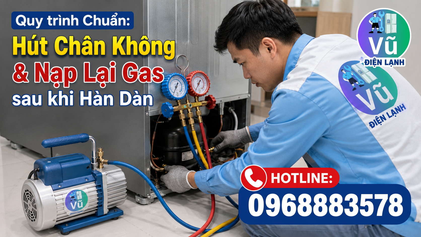 Kỹ thuật viên tiến hành hút chân không và nạp lại gas đúng định lượng bằng thiết bị chuyên dụng sau khi đã hàn xong dàn lạnh tủ lạnh.