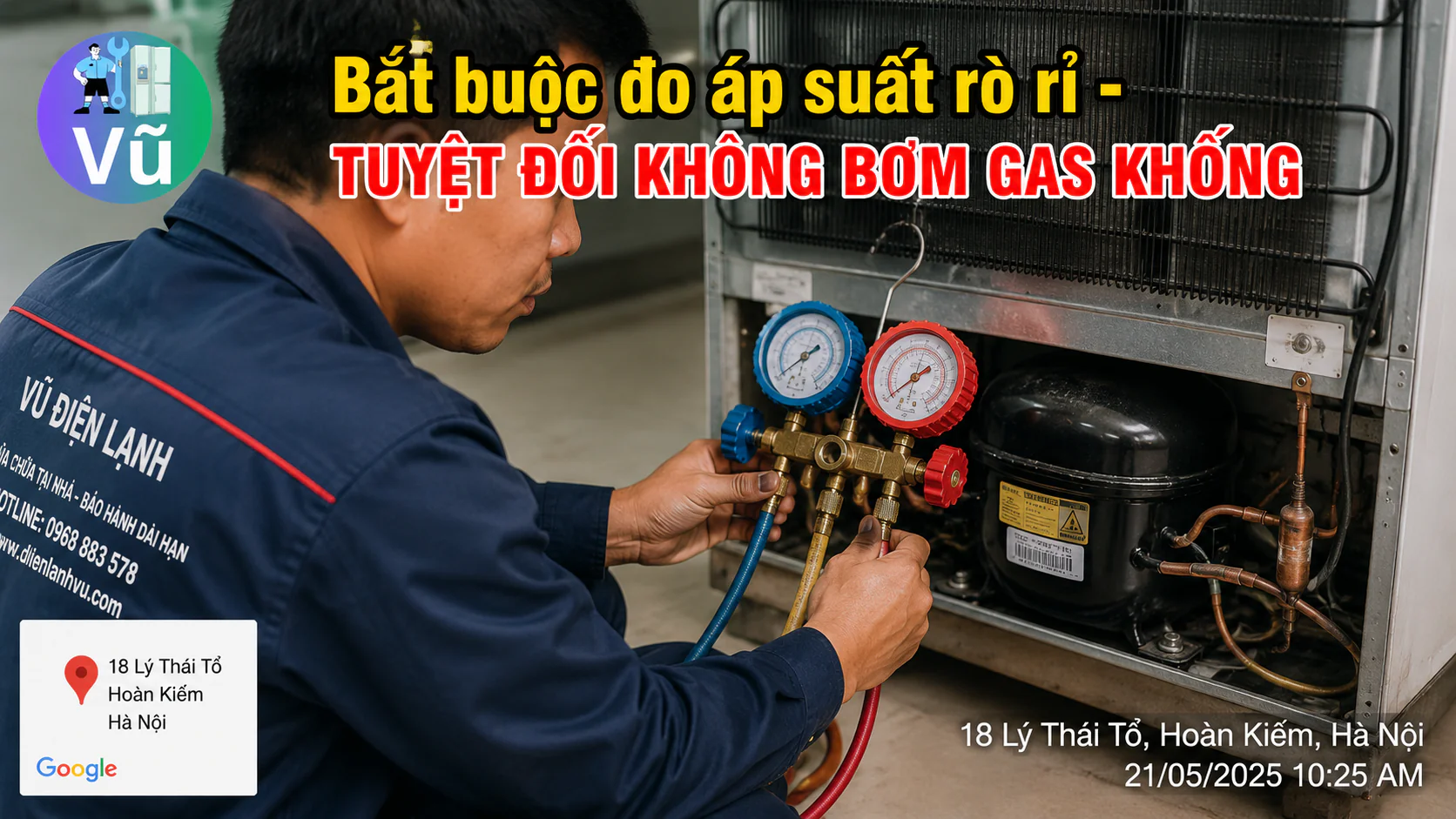 Thợ sửa tủ lạnh sử dụng đồng hồ đo áp suất chuyên dụng để kiểm tra rò rỉ, cam kết không bơm gas khống moi tiền khách hàng.