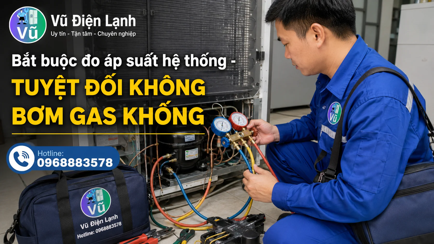 Thợ sửa tủ lạnh chuyên nghiệp sử dụng đồng hồ đo áp suất để kiểm tra rò rỉ, cam kết không bơm gas khống cho khách hàng.
