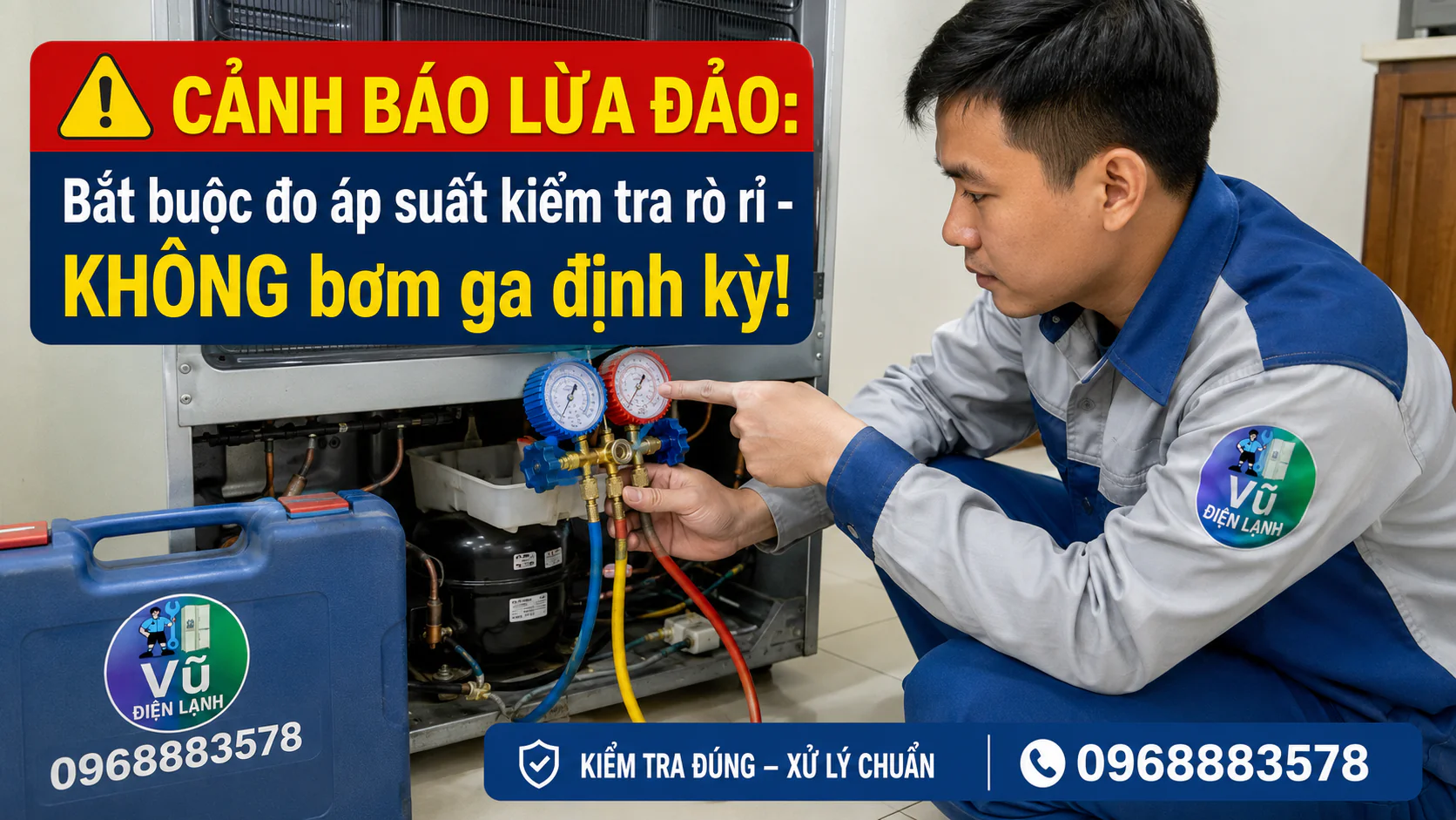 Kỹ thuật viên Vũ Điện Lạnh sử dụng đồng hồ đo áp suất để kiểm tra chính xác tủ lạnh có bị xì ga hay không trước khi báo giá.