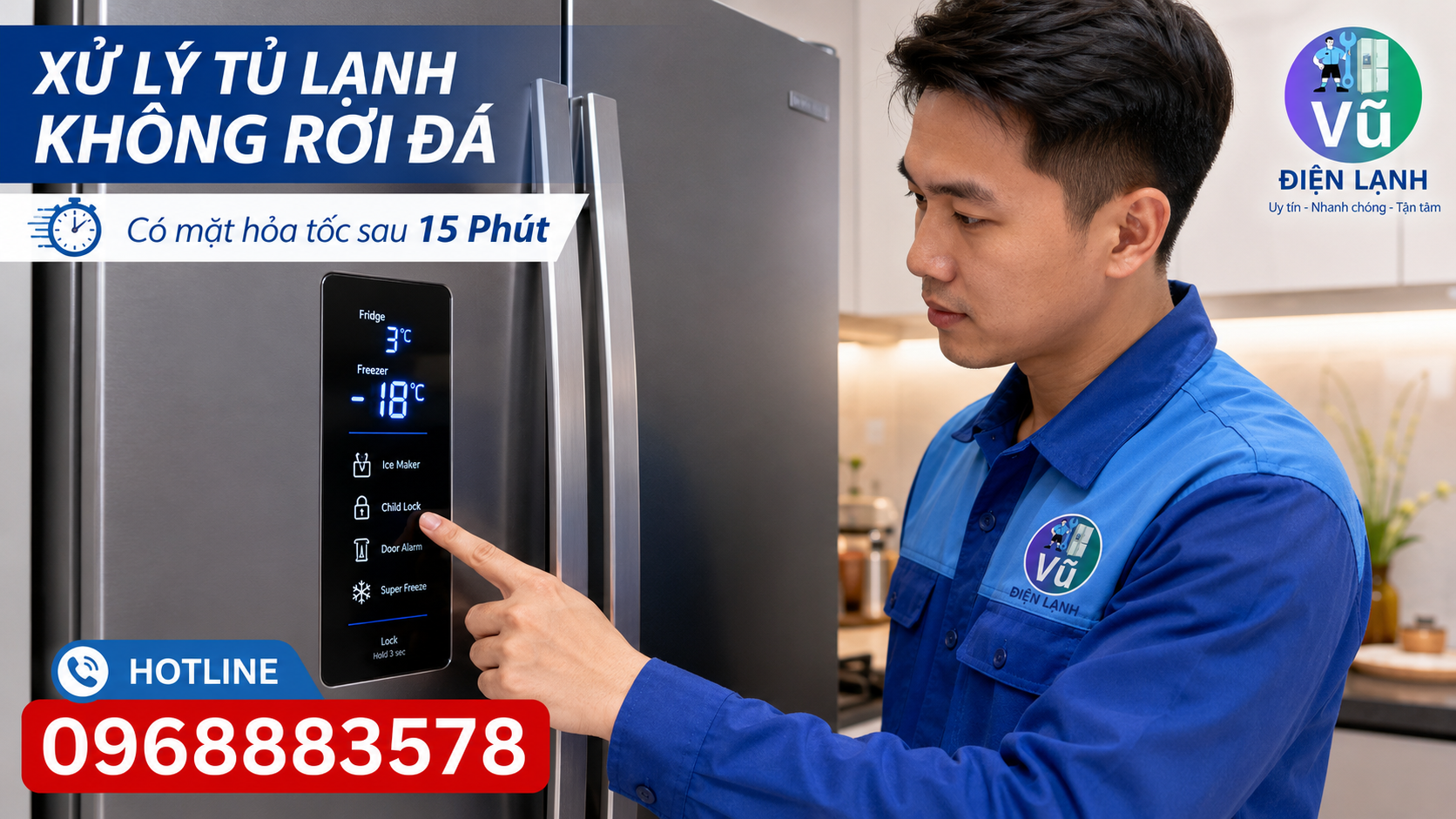 Kỹ thuật viên Vũ Điện Lạnh hướng dẫn kiểm tra nút Ice Maker trên bảng điều khiển khi tủ lạnh không rơi đá.