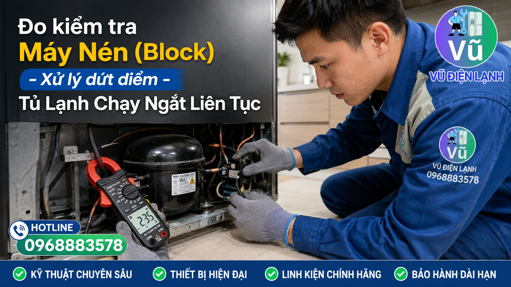 Kỹ thuật viên sử dụng đồng hồ Ampe kìm đo dòng khởi động của máy nén để xử lý lỗi tủ lạnh chạy ngắt liên tục.
