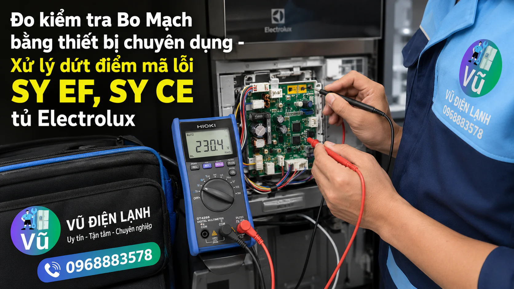 Thợ sửa chữa sử dụng đồng hồ đo điện tử chuyên dụng để kiểm tra chính xác nguyên nhân tủ lạnh Electrolux báo mã lỗi SY EF, SY CE trên màn hình.