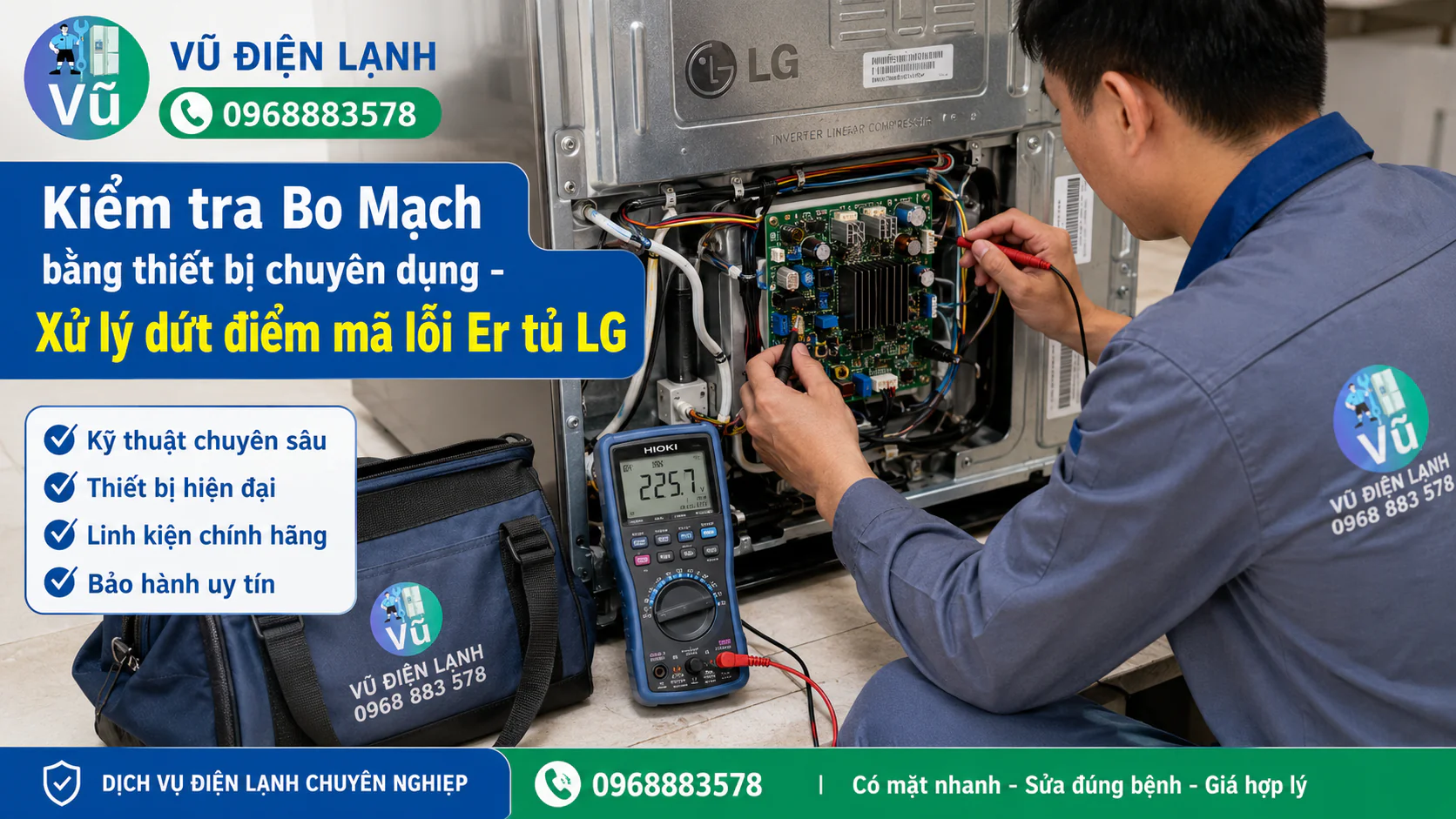Thợ sửa chữa sử dụng đồng hồ đo điện tử chuyên dụng để kiểm tra chính xác nguyên nhân tủ lạnh LG báo các mã lỗi Er trên màn hình.