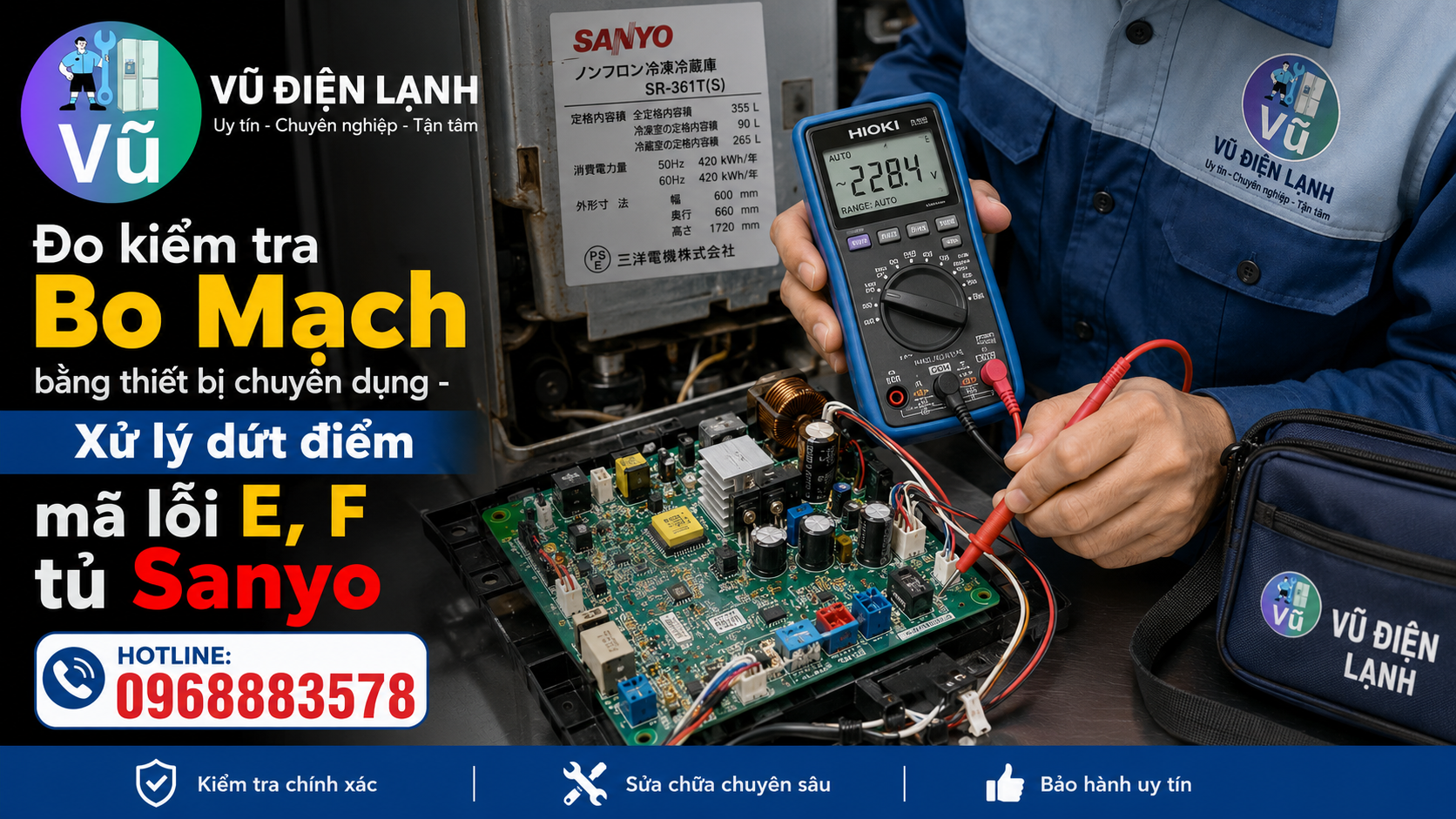Thợ sửa chữa sử dụng đồng hồ đo điện tử chuyên dụng để kiểm tra chính xác nguyên nhân tủ lạnh Sanyo báo mã lỗi E, F trên bo mạch.