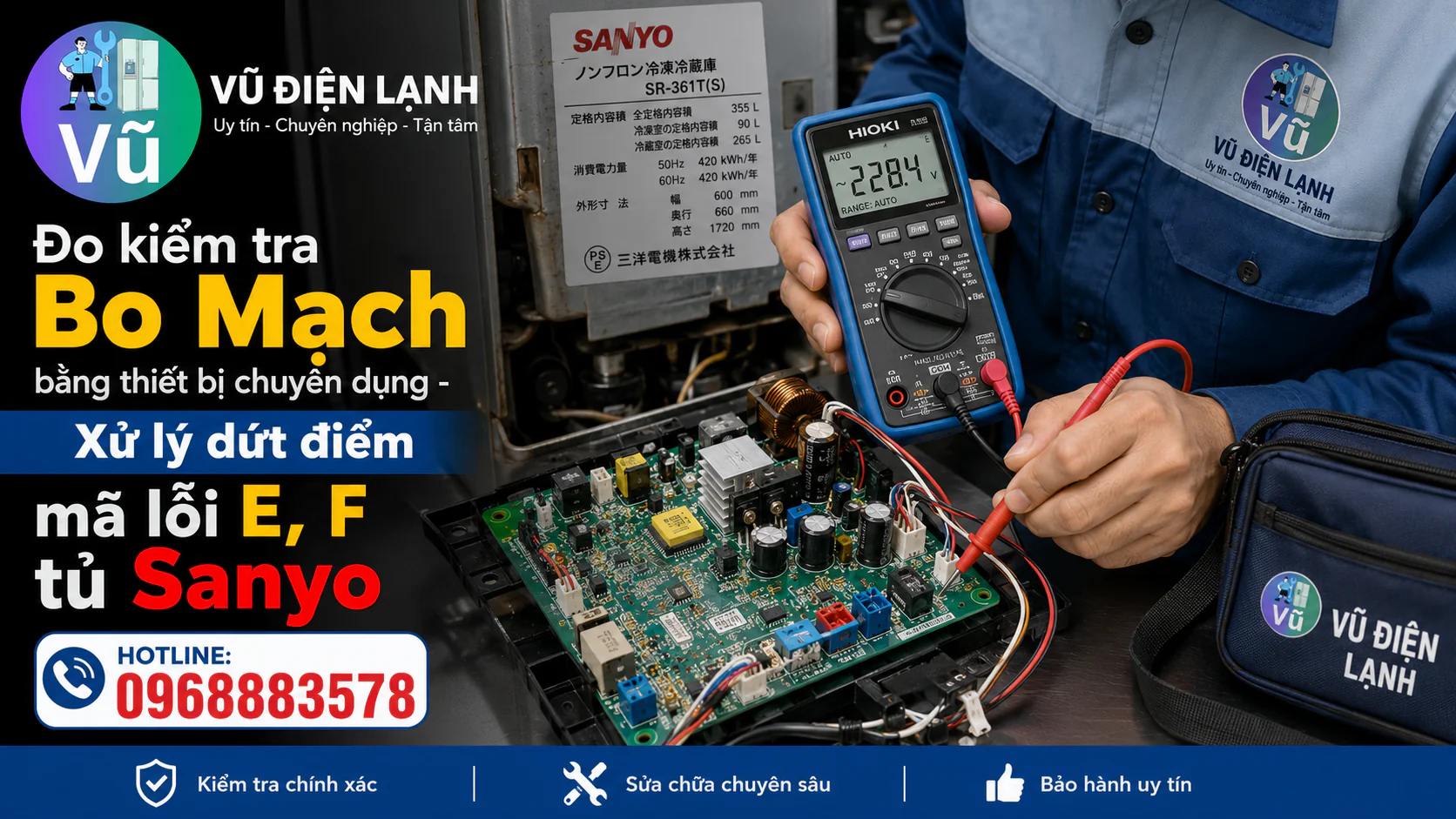 Thợ sửa chữa sử dụng đồng hồ đo điện tử chuyên dụng để kiểm tra chính xác nguyên nhân tủ lạnh Sanyo báo mã lỗi E, F trên bo mạch.