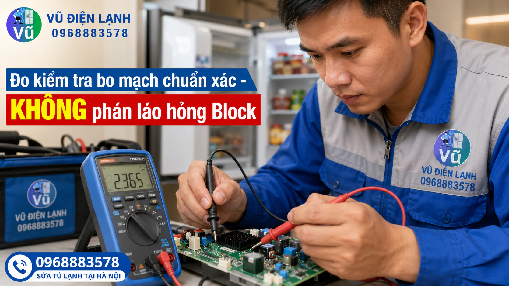 Thợ sửa chữa sử dụng đồng hồ đo điện để kiểm tra chính xác lỗi bo mạch tủ lạnh Inverter, tránh báo sai bệnh cho khách hàng.