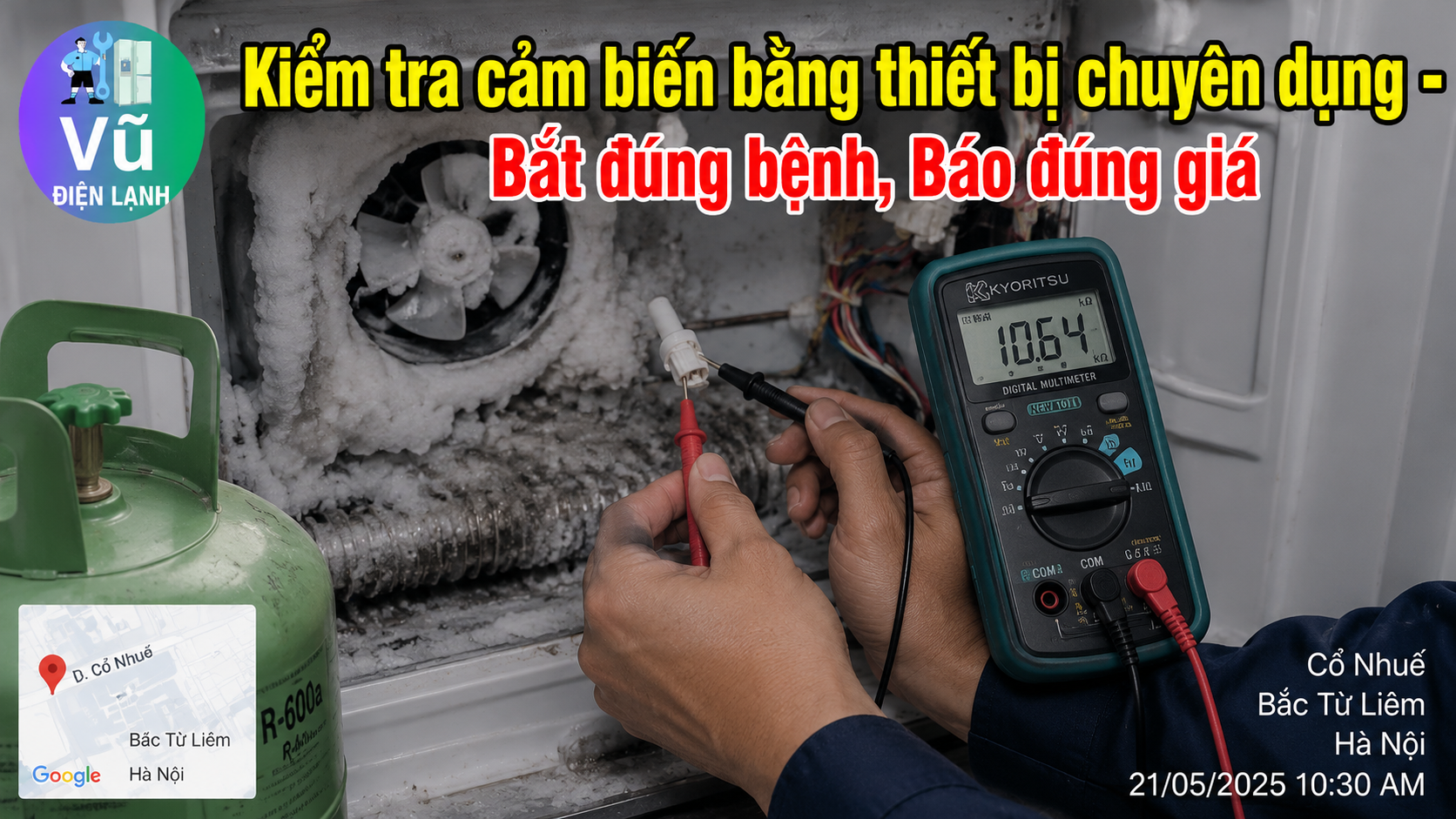Kỹ thuật viên sử dụng đồng hồ đo điện tử để kiểm tra chính xác nguyên nhân tủ lạnh không đông đá, tránh thay nhầm linh kiện.