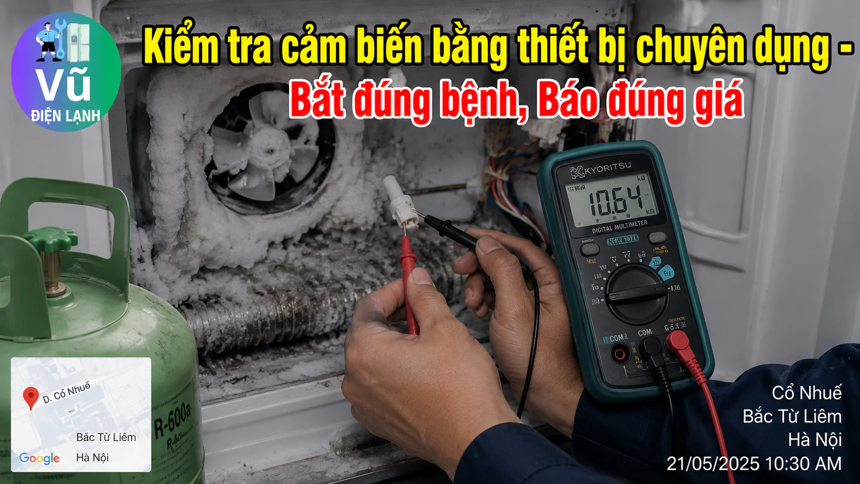 Kỹ thuật viên sử dụng đồng hồ đo điện tử để kiểm tra chính xác nguyên nhân tủ lạnh không đông đá, tránh thay nhầm linh kiện.