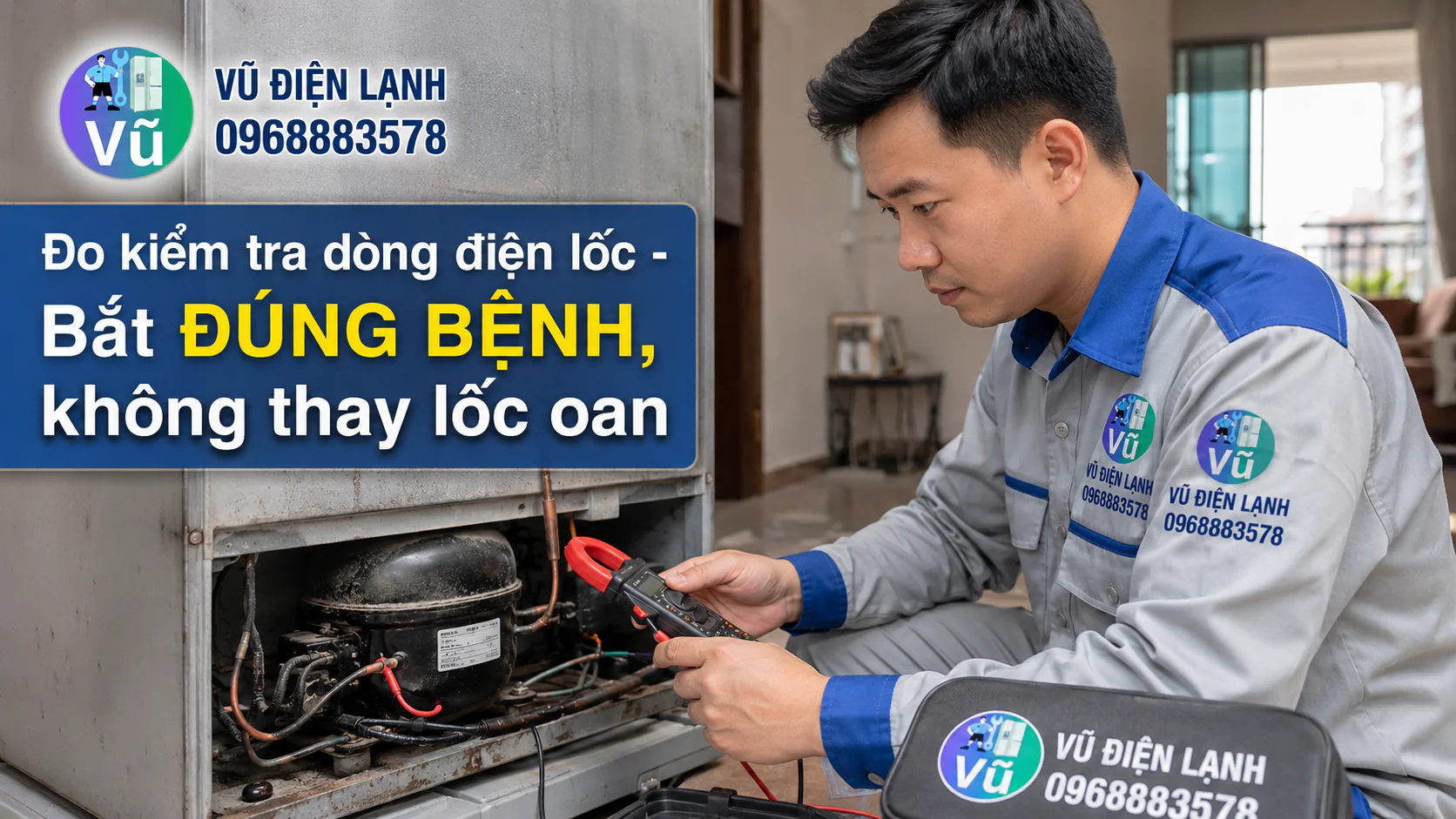 Kỹ thuật viên sử dụng Ampe kìm đo dòng khởi động để kiểm tra cuộn dây máy nén trước khi kết luận phải thay lốc tủ lạnh.