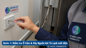 Hướng dẫn dùng bút thử điện kiểm tra ổ cắm và dây nguồn khi tủ lạnh đột ngột không lên nguồn.