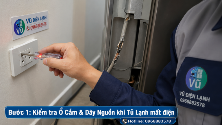 Hướng dẫn dùng bút thử điện kiểm tra ổ cắm và dây nguồn khi tủ lạnh đột ngột không lên nguồn.