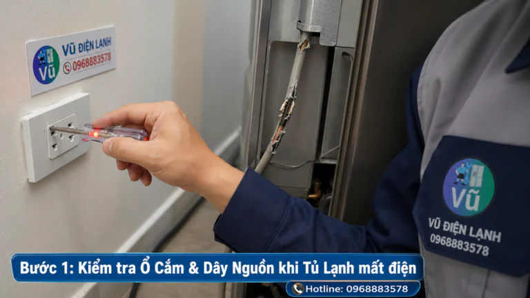 Hướng dẫn dùng bút thử điện kiểm tra ổ cắm và dây nguồn khi tủ lạnh đột ngột không lên nguồn.