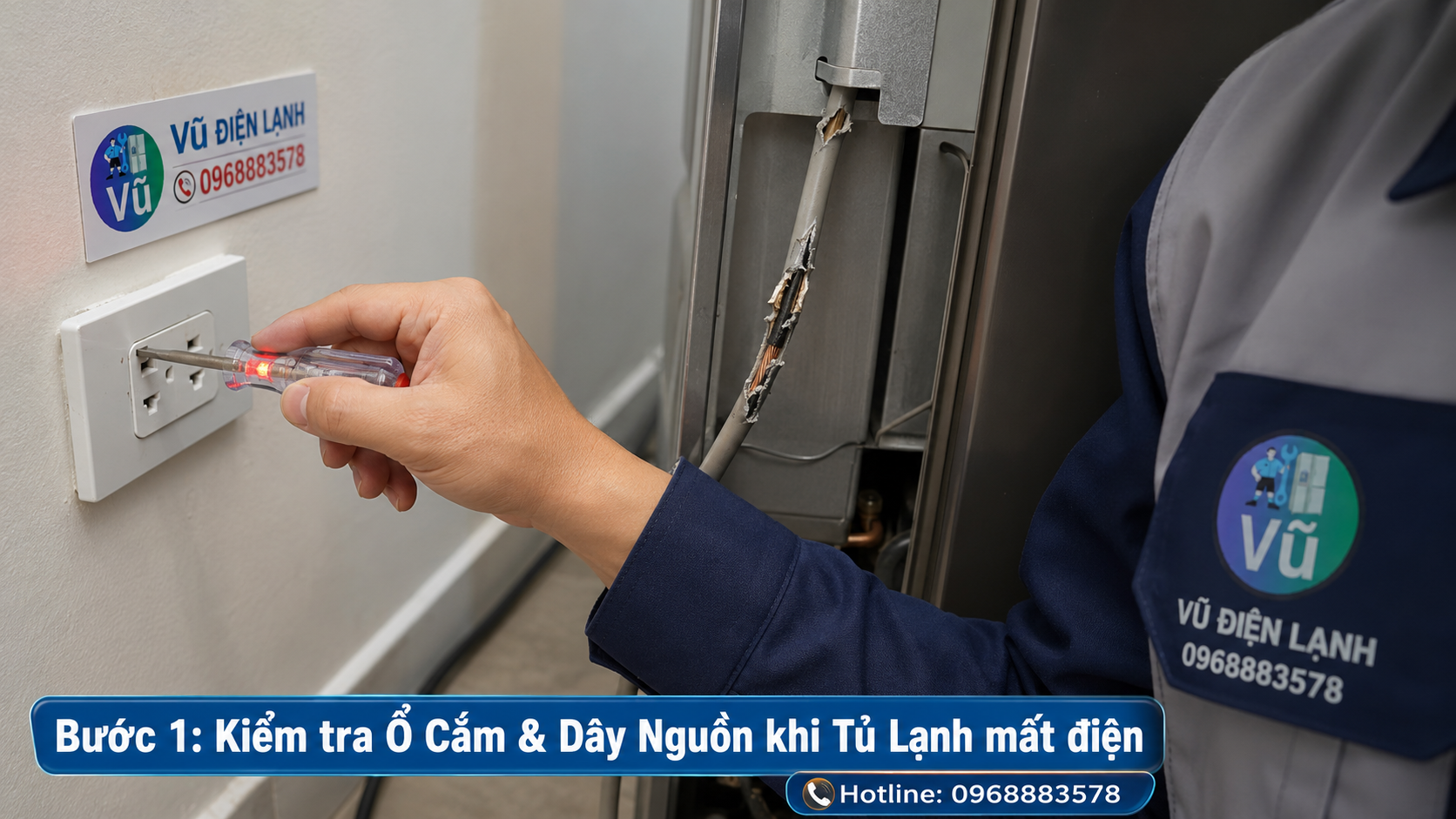 Hướng dẫn dùng bút thử điện kiểm tra ổ cắm và dây nguồn khi tủ lạnh đột ngột không lên nguồn.