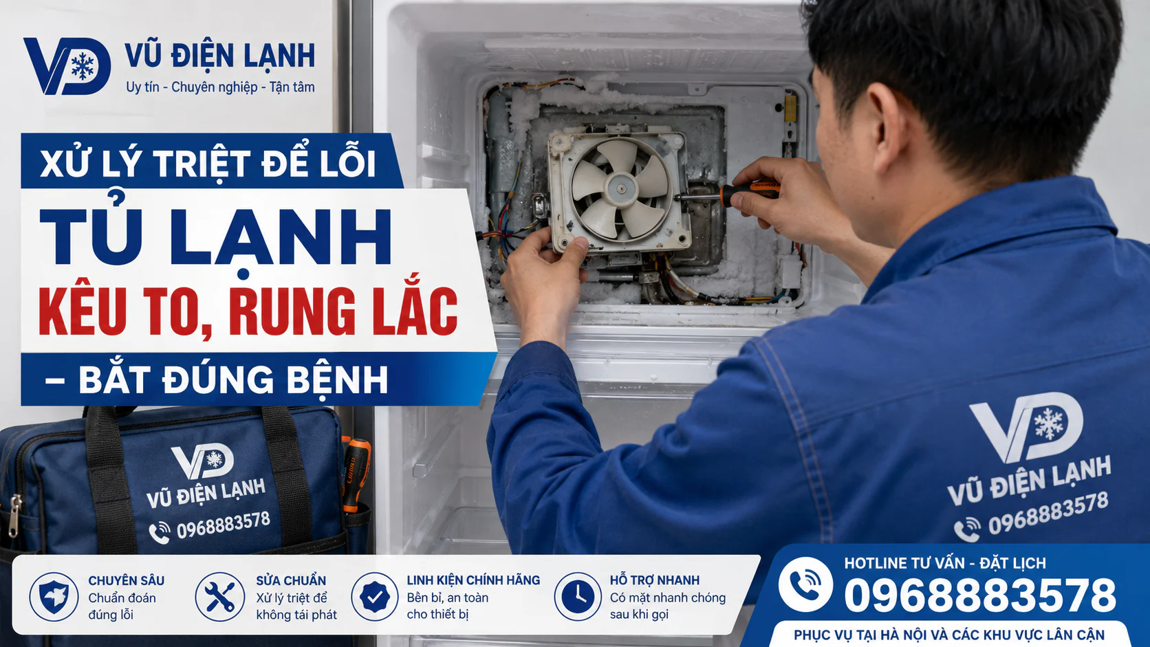 Thợ sửa tủ lạnh chuyên nghiệp đang kiểm tra quạt dàn lạnh và chân đế block để xử lý dứt điểm tình trạng tủ lạnh kêu to, rung lắc bất thường.