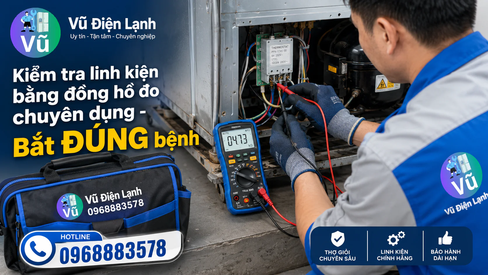 Thợ sửa chữa sử dụng đồng hồ đo điện tử chuyên dụng để kiểm tra chính xác nguyên nhân lỗi thermostat khiến tủ đông chạy liên tục không ngắt.