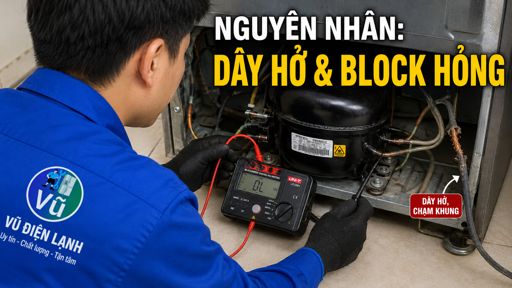 Cận cảnh block tủ lạnh và đoạn dây điện bị chuột cắn hở gây ra hiện tượng dò điện ra vỏ.