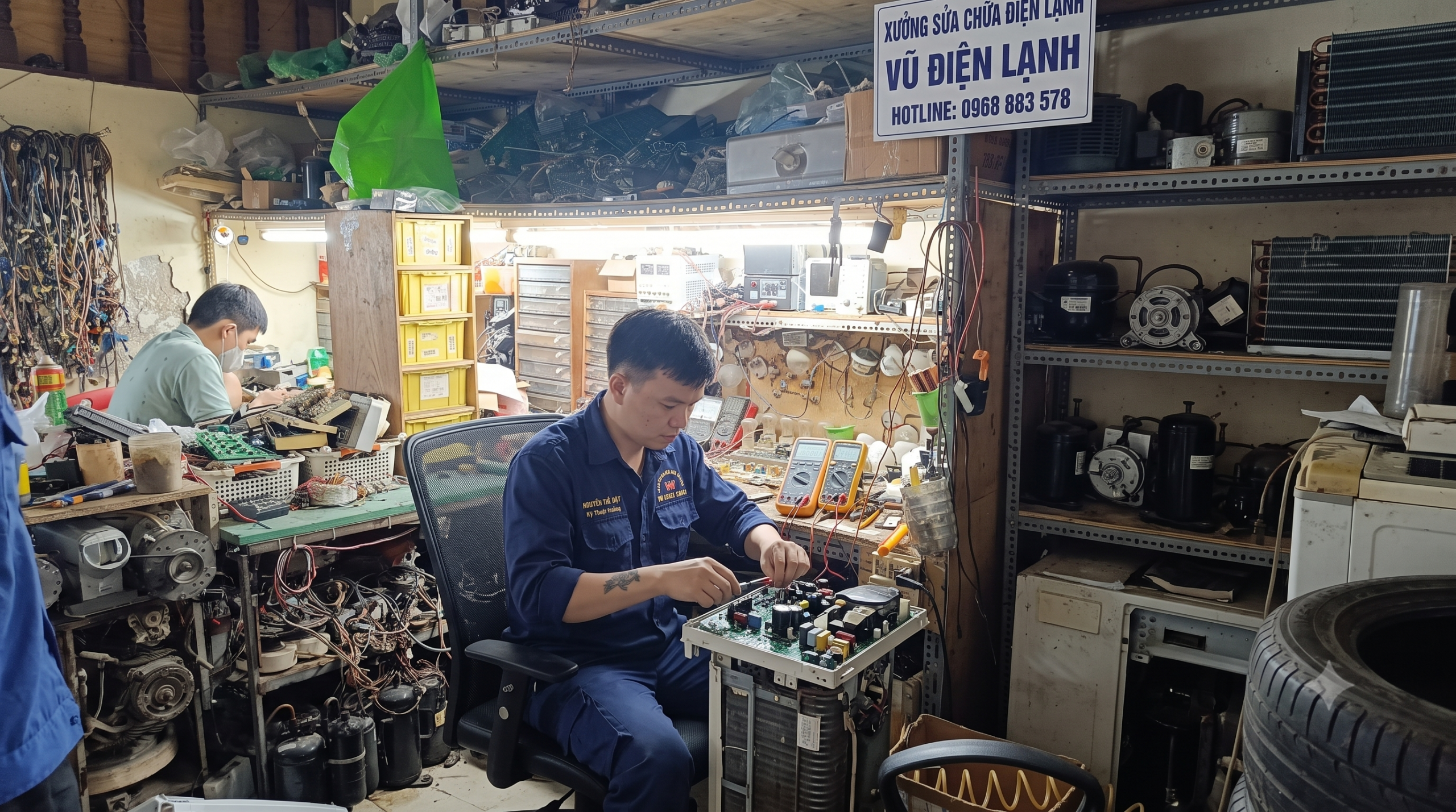 Kỹ thuật trưởng Nguyễn Thế Đạt đang sửa bo mạch điều hòa tại xưởng Vũ Điện Lạnh