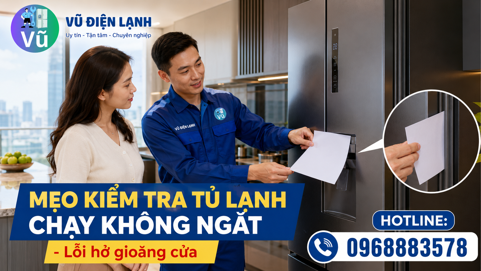 Kỹ thuật viên Vũ Điện Lạnh hướng dẫn mẹo dùng tờ giấy kiểm tra gioăng cửa bị hở khiến tủ lạnh chạy liên tục không ngắt.