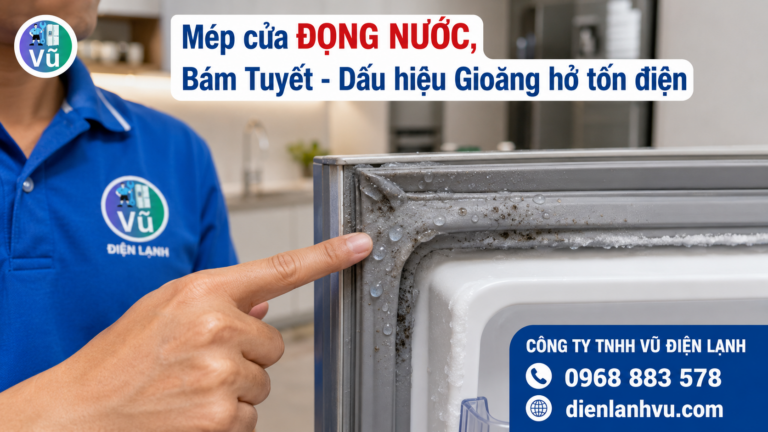 Mép cửa tủ lạnh đọng nước và xuất hiện nấm mốc đen do gioăng cao su bị hở, làm thất thoát hơi lạnh ra ngoài.