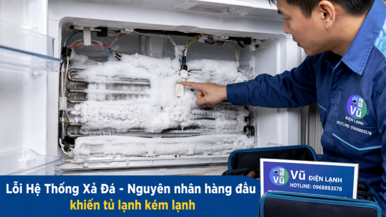 Thợ sửa chữa tháo ốp ngăn đông để kiểm tra dàn lạnh bị đóng tuyết dày đặc khiến tủ lạnh kém lạnh, không đông đá.