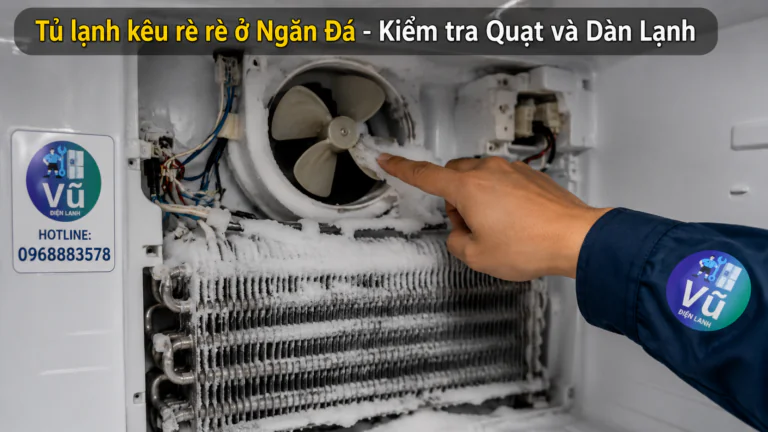 Thợ điện lạnh chuyên nghiệp tháo kiểm tra mô tơ quạt và dàn lạnh bám tuyết gây tiếng rè rè ở ngăn đá tủ lạnh.