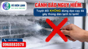 Cảnh báo thói quen dùng dao nhọn cạy đá làm thủng ống đồng dàn lạnh khiến tủ lạnh bị xì hết gas.