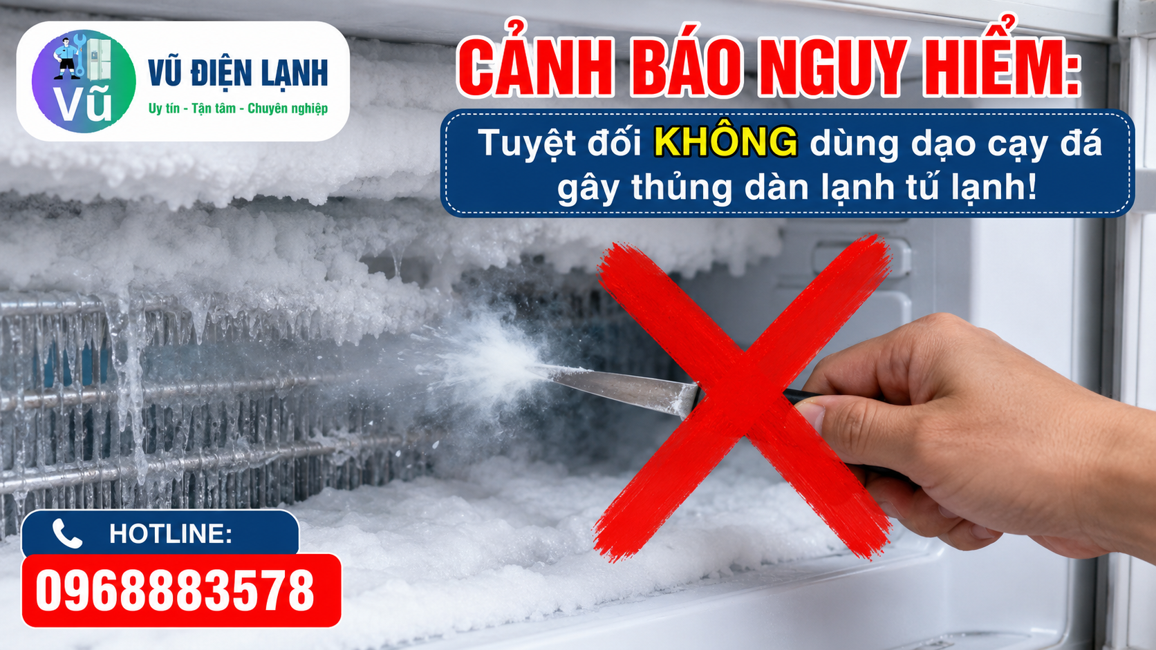 Cảnh báo thói quen dùng dao nhọn cạy đá làm thủng ống đồng dàn lạnh khiến tủ lạnh bị xì hết gas.
