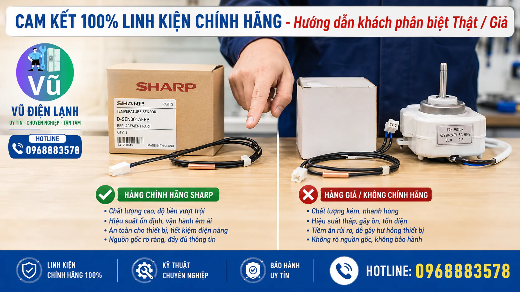 Kỹ thuật viên Vũ Điện Lạnh hướng dẫn khách hàng phân biệt linh kiện tủ lạnh Sharp chính hãng và hàng trôi nổi kém chất lượng trước khi thay thế.