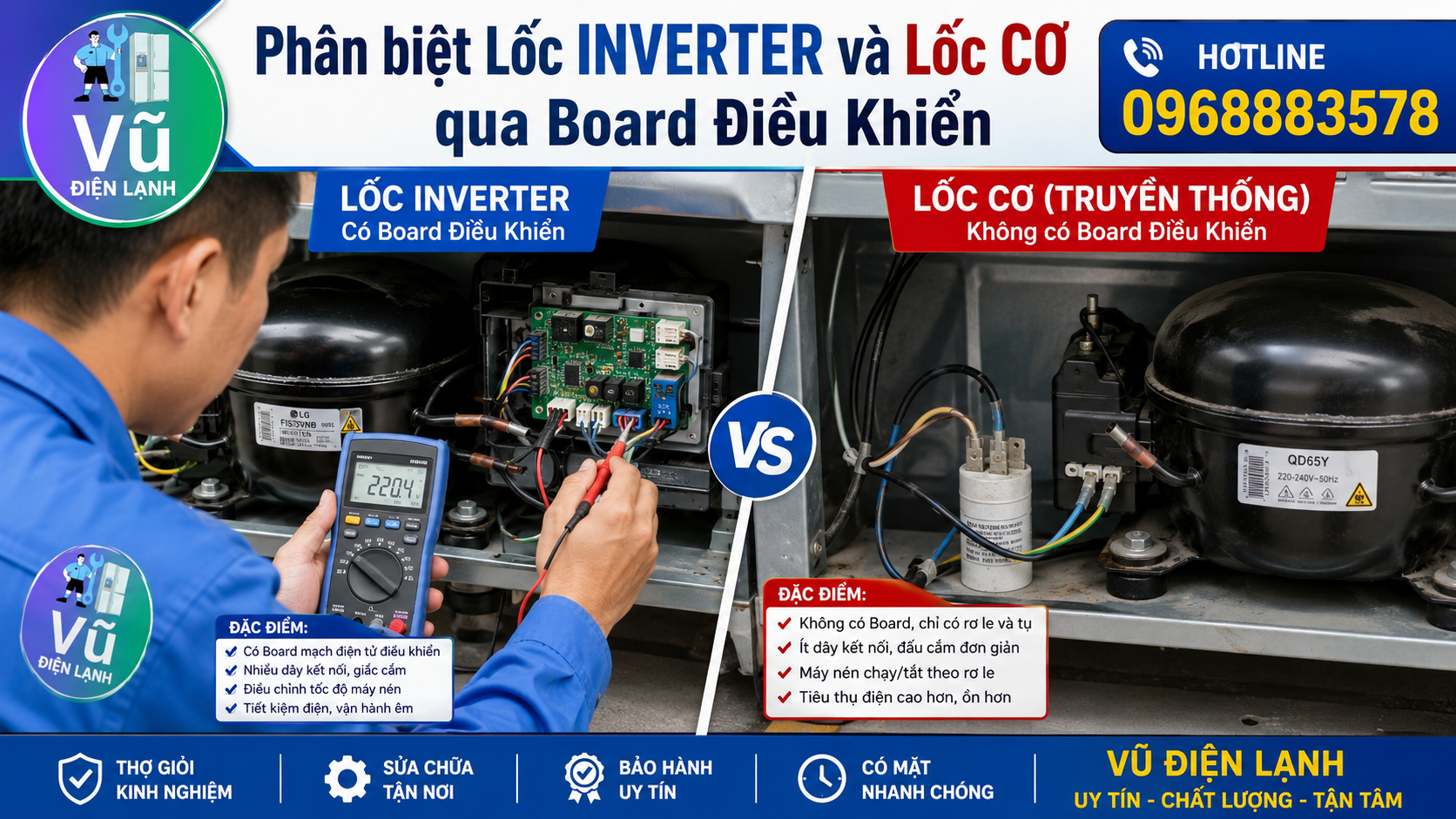 Kỹ thuật viên kiểm tra board mạch điều khiển để phân biệt chính xác lốc Inverter biến tốc và lốc cơ tốc độ cố định.