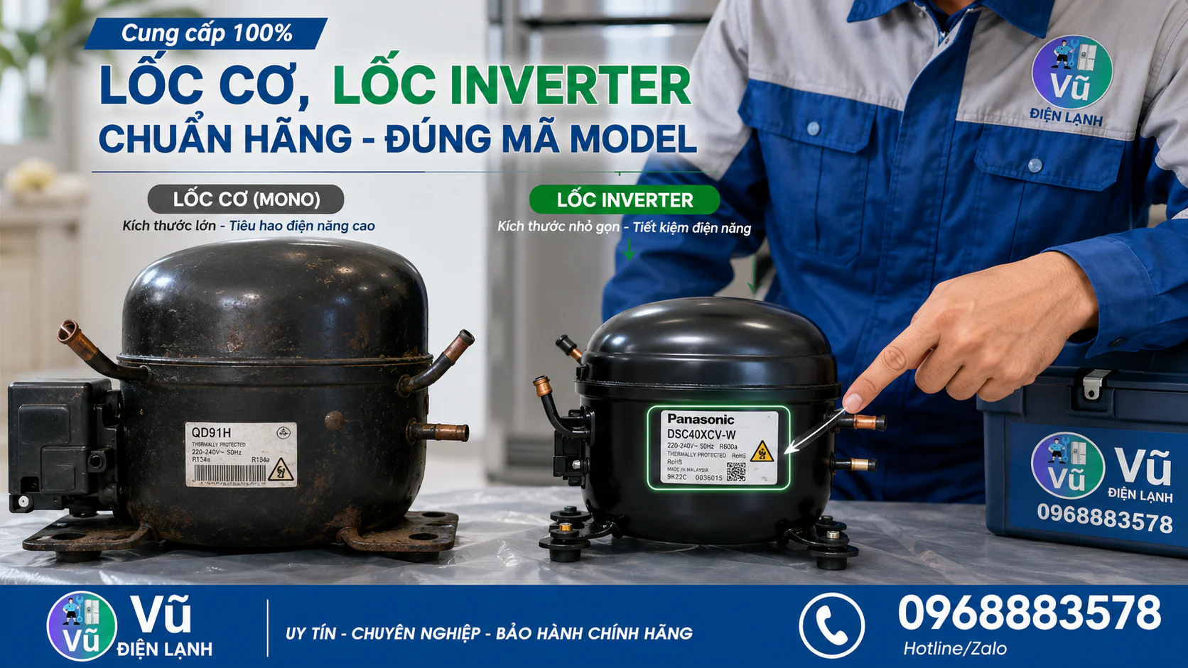 Hướng dẫn phân biệt lốc tủ lạnh cơ (tốc độ cố định) và lốc tủ lạnh Inverter (biến tần) để lựa chọn linh kiện thay thế chuẩn xác.