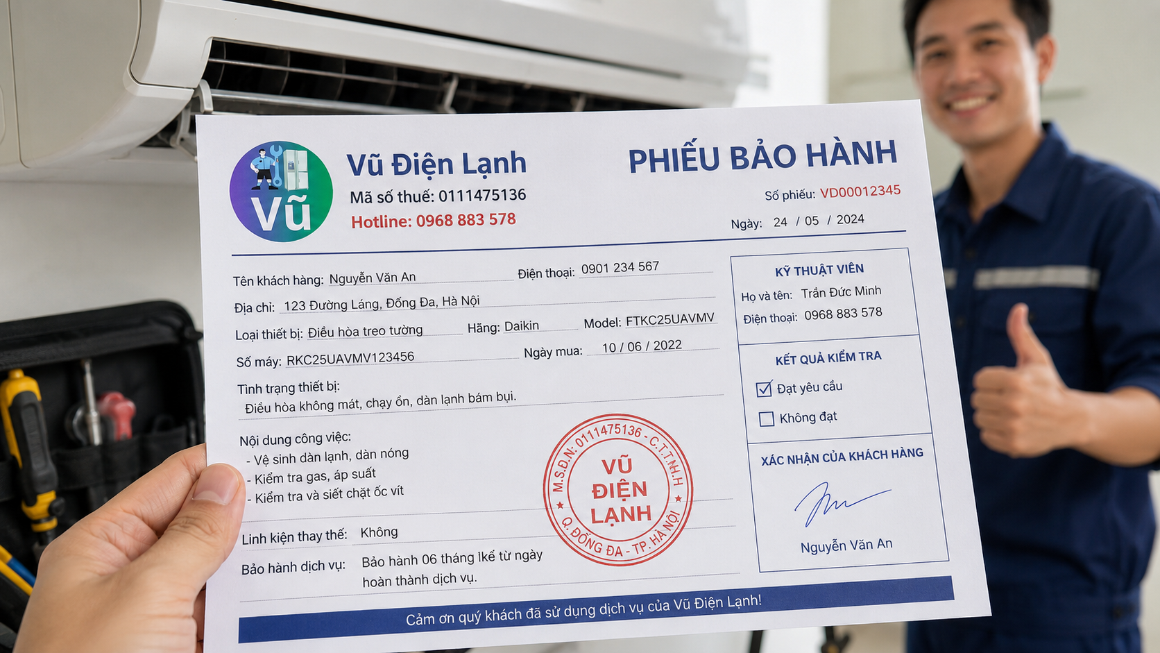 Phiếu bảo hành dịch vụ sửa chữa điều hòa lên đến 02 năm của Công Ty TNHH Vũ Điện Lạnh với đầy đủ mã số thuế và hotline.