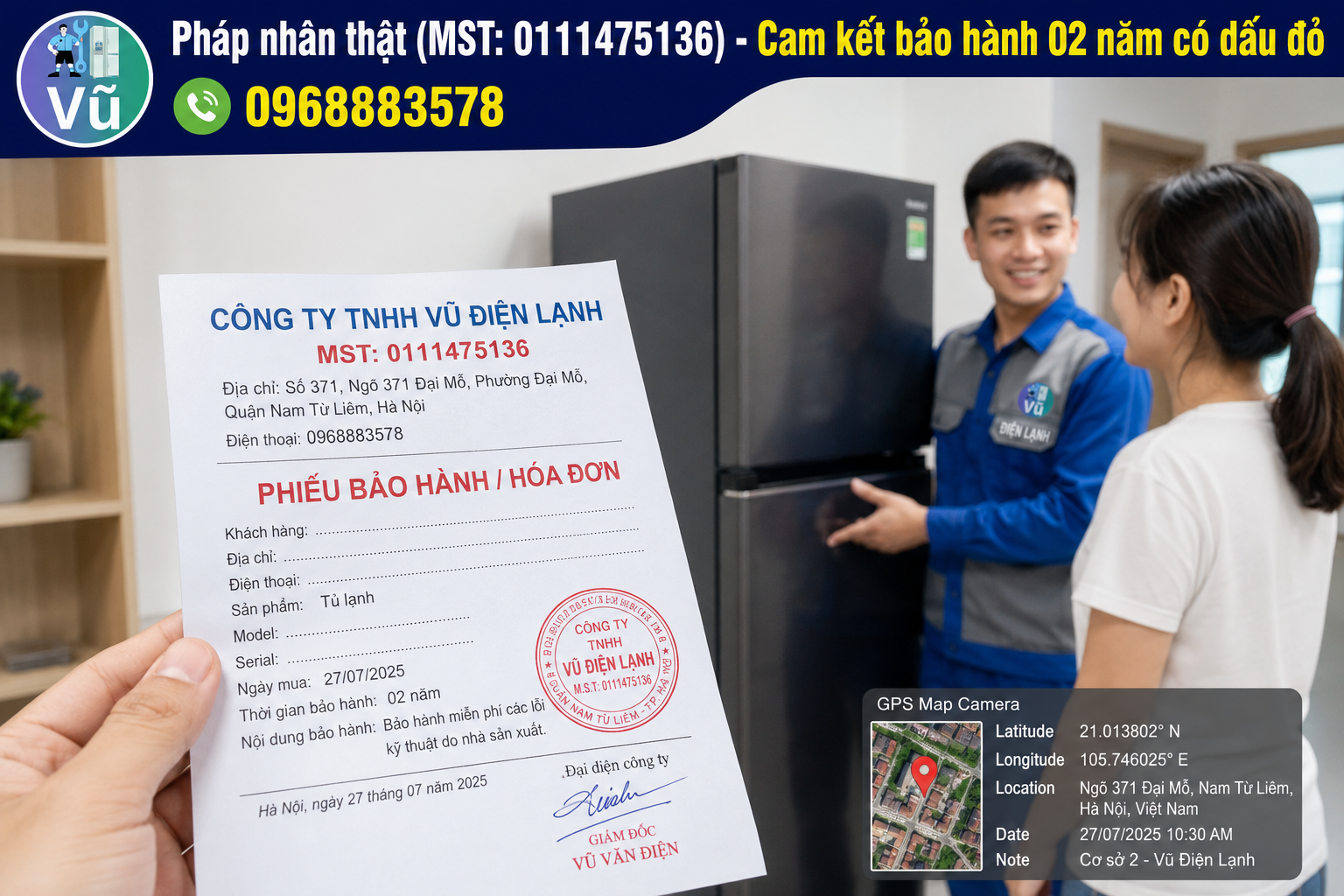Cấp phiếu bảo hành sửa tủ lạnh có dấu mộc đỏ pháp nhân Công ty TNHH Vũ Điện Lạnh và mã số thuế minh bạch.