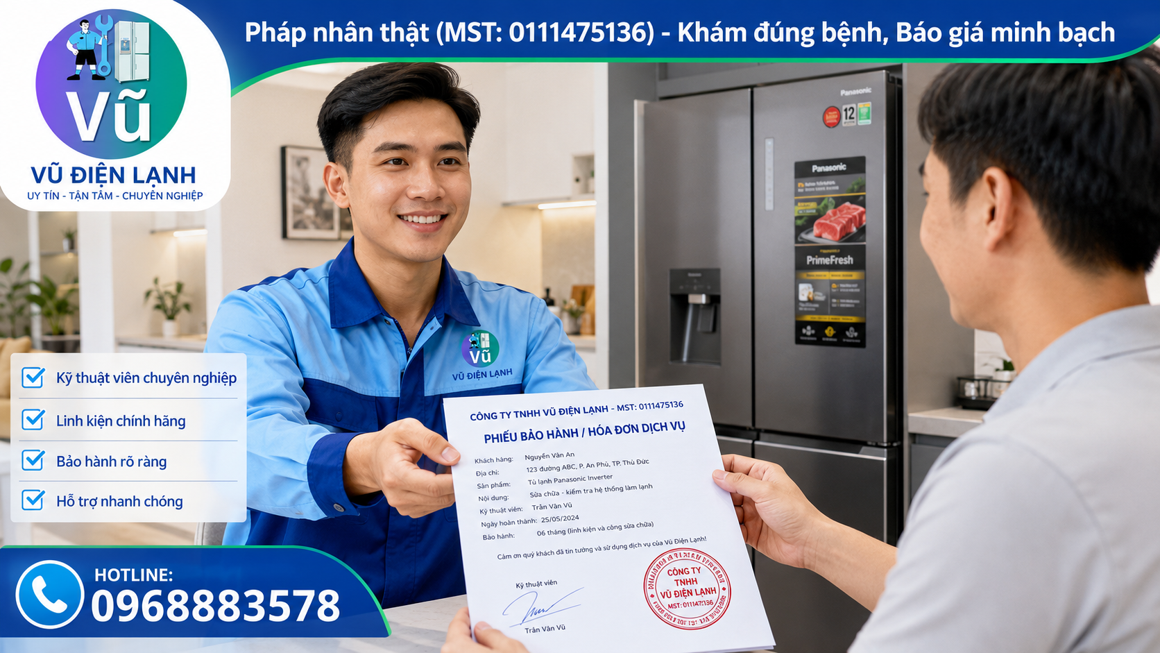 Khách hàng nhận phiếu bảo hành 02 năm có đóng dấu mộc đỏ pháp nhân của Vũ Điện Lạnh sau khi xử lý dứt điểm lỗi lốc tủ lạnh.