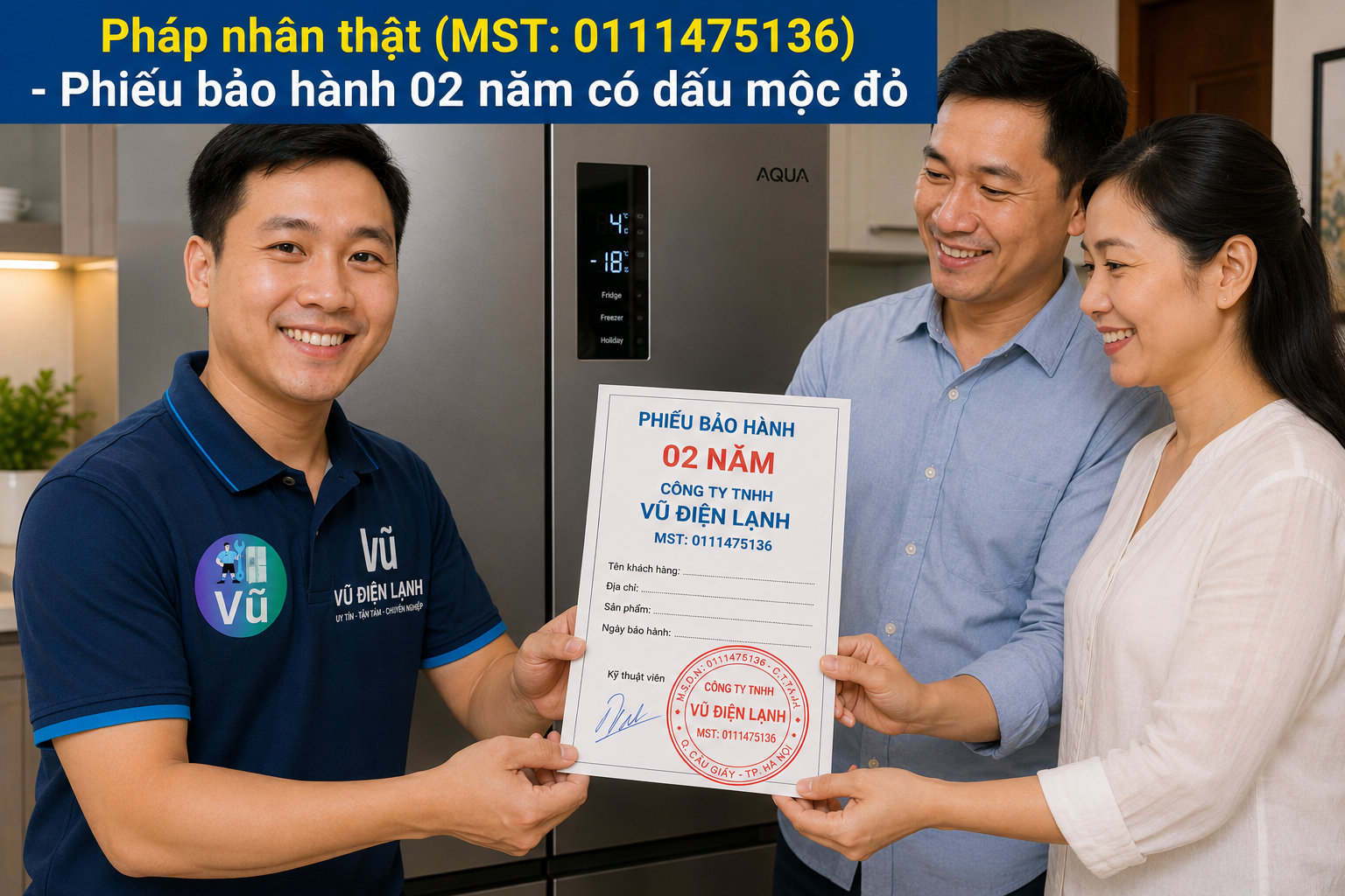 Khách hàng nhận phiếu bảo hành 02 năm có đóng dấu mộc đỏ pháp nhân của Vũ Điện Lạnh sau khi sửa dứt điểm mã lỗi tủ lạnh Aqua.