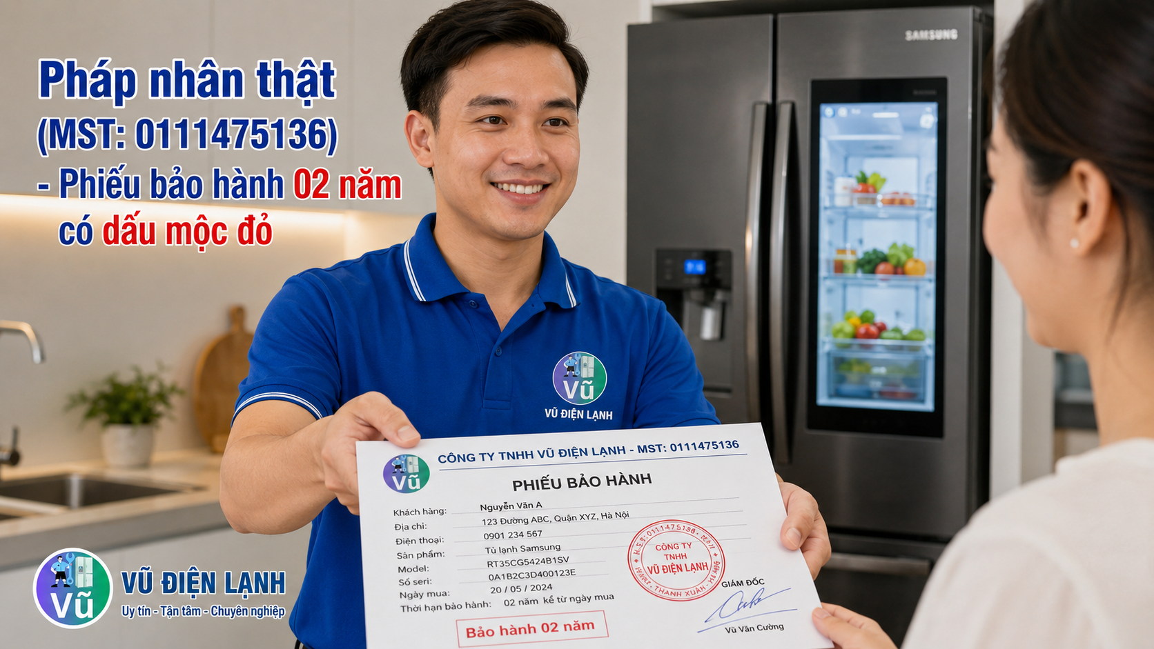 Khách hàng nhận phiếu bảo hành 02 năm có đóng dấu mộc đỏ pháp nhân của Vũ Điện Lạnh sau khi sửa dứt điểm mã lỗi tủ lạnh Samsung.