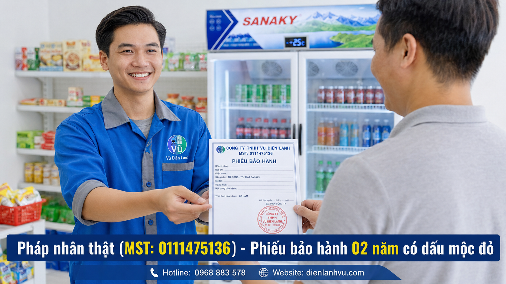 Khách hàng nhận phiếu bảo hành 02 năm có đóng dấu mộc đỏ pháp nhân của Vũ Điện Lạnh sau khi sửa dứt điểm mã lỗi tủ Sanaky.