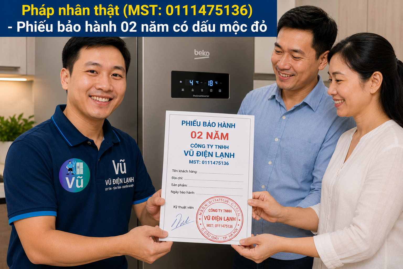Khách hàng nhận phiếu bảo hành 02 năm có đóng dấu mộc đỏ pháp nhân của Vũ Điện Lạnh sau khi sửa dứt điểm mã lỗi tủ lạnh Beko.