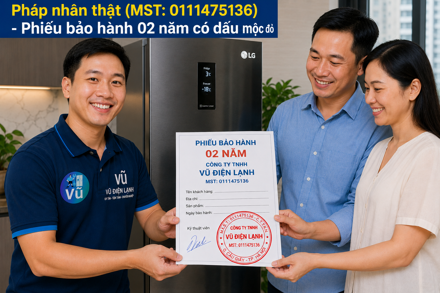 Khách hàng nhận phiếu bảo hành 02 năm có đóng dấu mộc đỏ pháp nhân của Vũ Điện Lạnh sau khi sửa dứt điểm mã lỗi tủ lạnh LG.