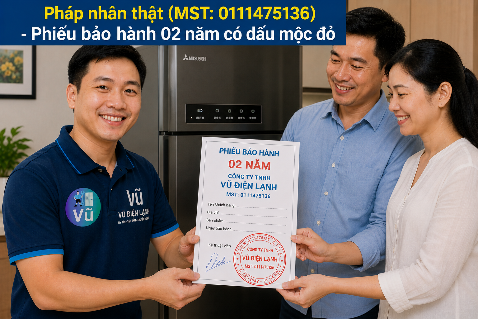 Khách hàng nhận phiếu bảo hành 02 năm có đóng dấu mộc đỏ pháp nhân của Vũ Điện Lạnh sau khi sửa dứt điểm mã lỗi tủ lạnh Mitsubishi.