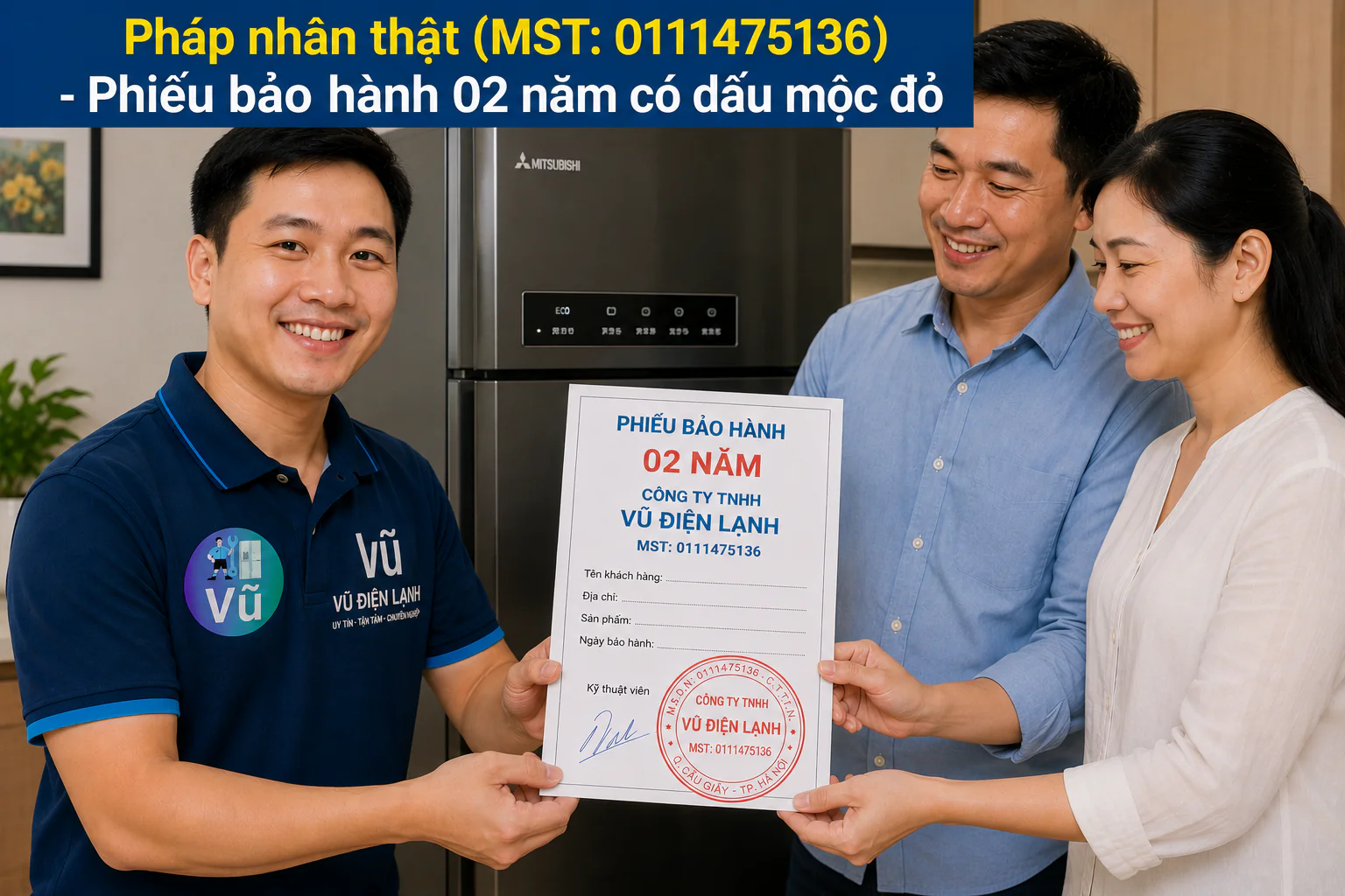 Khách hàng nhận phiếu bảo hành 02 năm có đóng dấu mộc đỏ pháp nhân của Vũ Điện Lạnh sau khi sửa dứt điểm mã lỗi tủ lạnh Mitsubishi.