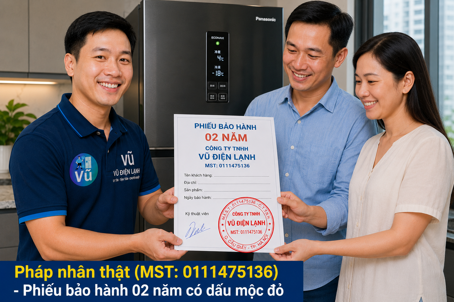 Khách hàng nhận phiếu bảo hành 02 năm có đóng dấu mộc đỏ pháp nhân của Vũ Điện Lạnh sau khi sửa dứt điểm mã lỗi tủ lạnh Panasonic.